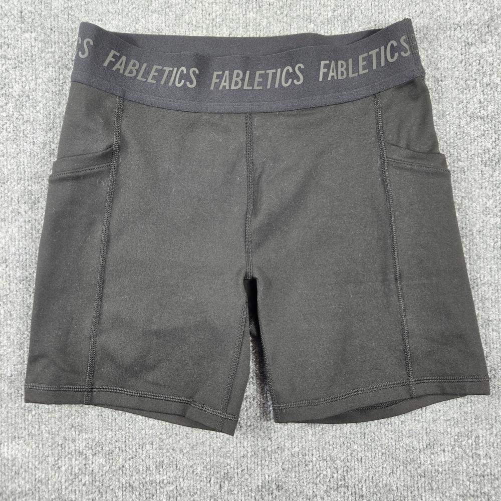 Fabletics Biker Shorts Womens Small Black Logo Waistband Pockets Athletic